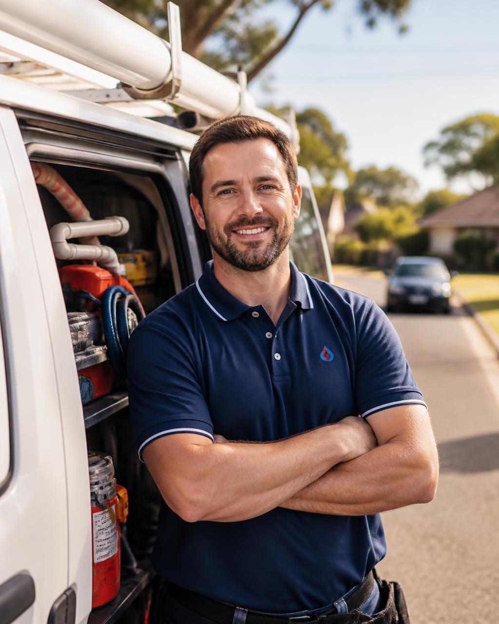 Local plumber standing beside his service van