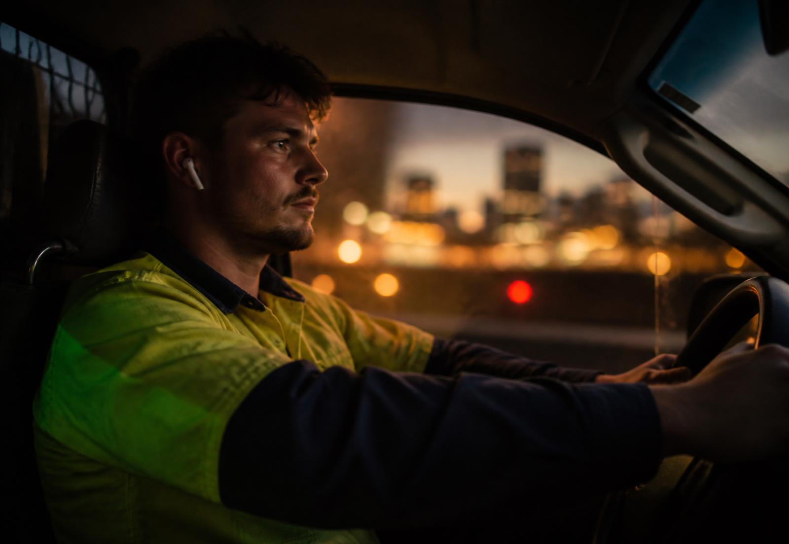 Tradesperson listening to audio in a ute at dusk