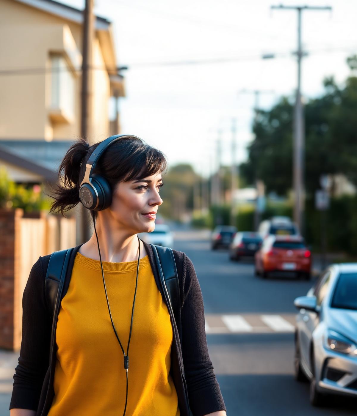 Listener walking a suburban street wearing headphones